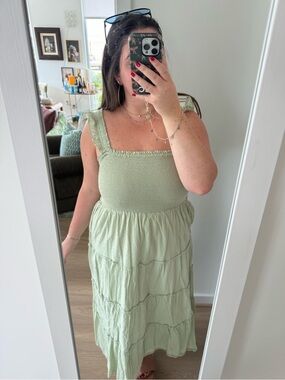 J. Crew Light Sage Green Smocked Tiered Nap Midi Dress With Pockets